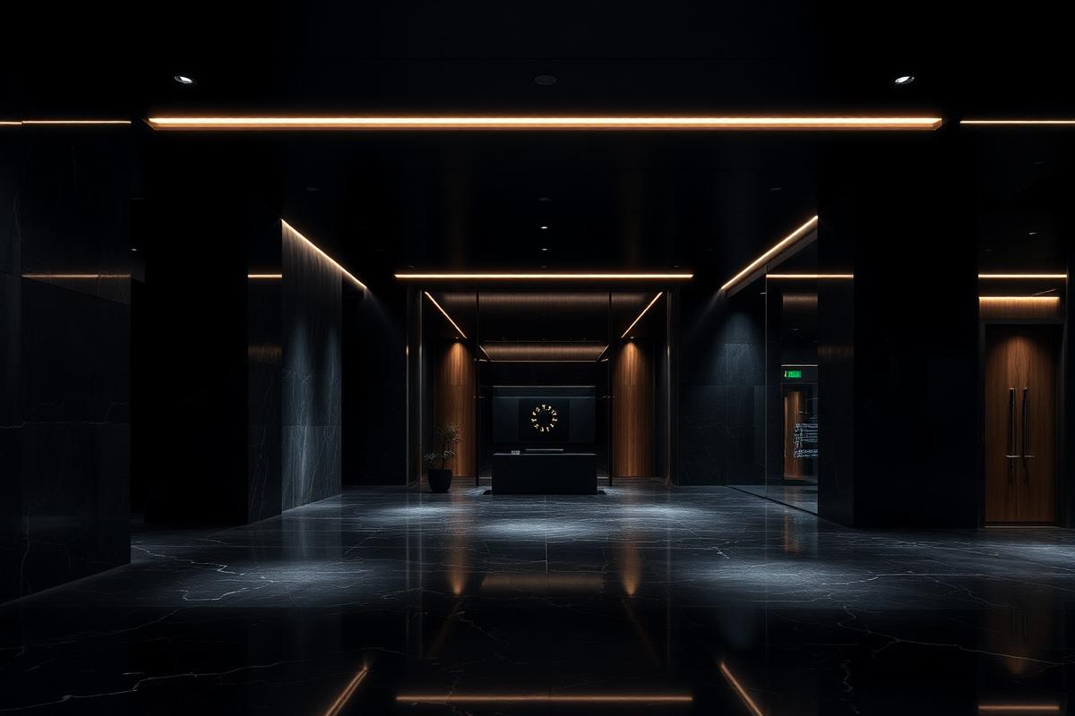 Dark stone and glass commercial office lobby