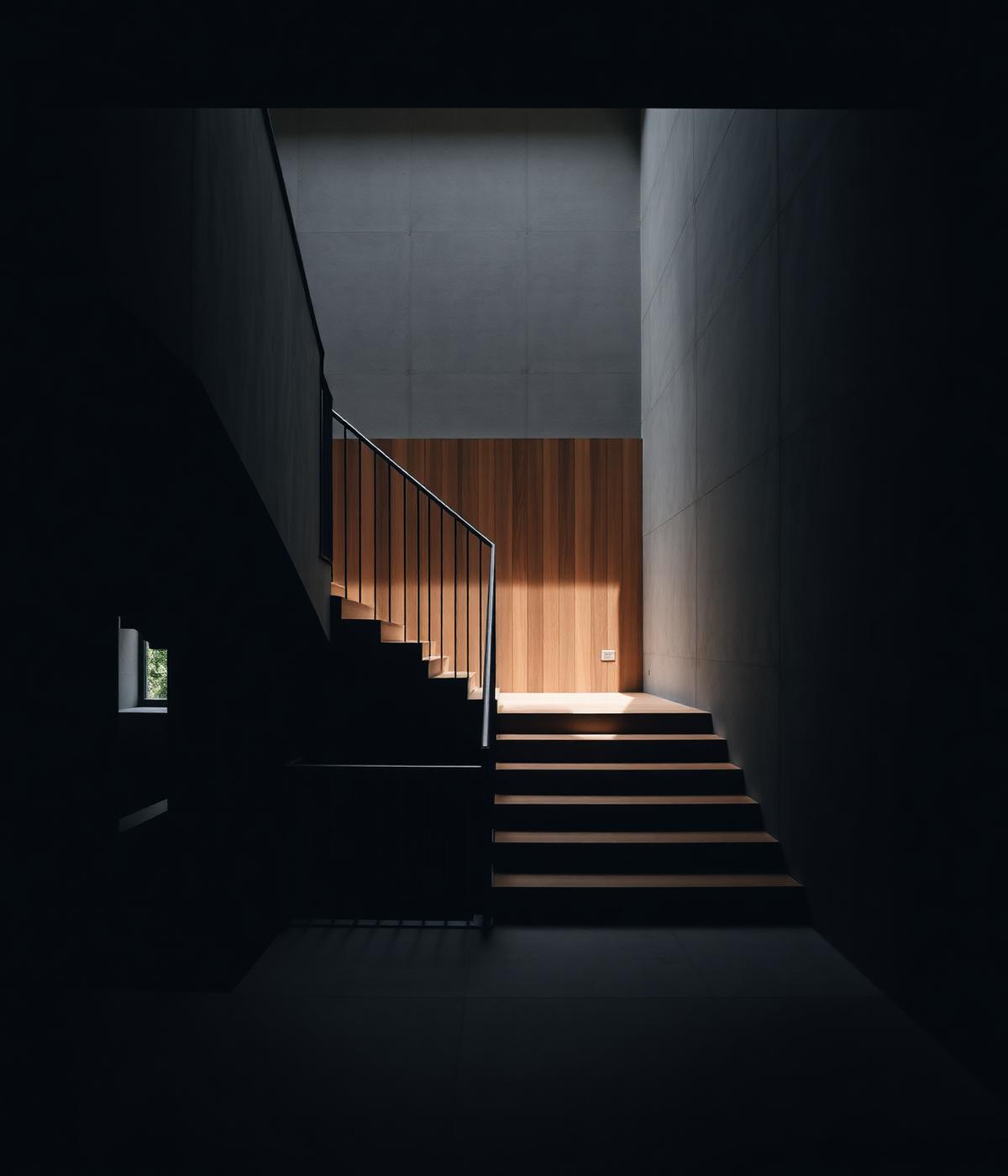 Dark residential villa staircase in concrete and oak