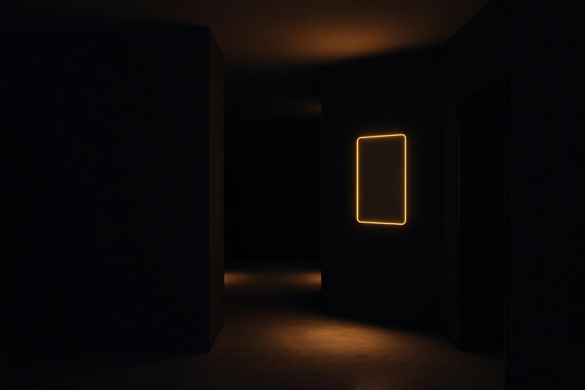 Glowing smart home control panel on a dark concrete wall